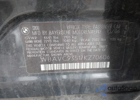 2007 BMW 328Xi z USA, uszkodzony, nr VIN WBAVC93517KZ70606